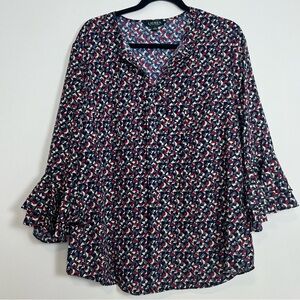 Lauren Ralph Lauren Women's Geometric Print Ruffled Bell Sleeve Blouse Size Lg